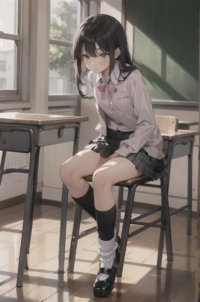 1girl,pink shirts,neck ribbon loose socks,Mary Jane shoes,miniskirt,classroom,10yo,flat chest