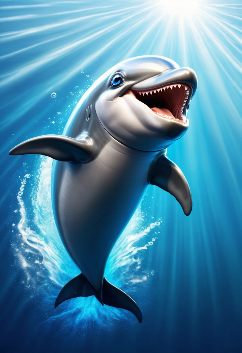 cartoon of a dolphin who has shiny silver hair and is furious