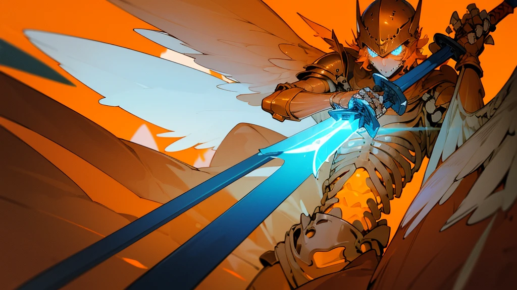 (hailoknight, Solo, 1man wearing orange armor, orange skeleton helmet, glowing blue eyes, orange wings, holding giant blue energy sword infront of him, holding sword:1.3), (simple glowing background:1.25)masterpiece, best quality, wide-angle, Hyperdetailed, masterpiece, best quality, 8k, natural lighting, soft lighting, sunlight, HDR (High Dynamic Range), Maximum Clarity And Sharpness, Multi-Layered Textures, muscular,