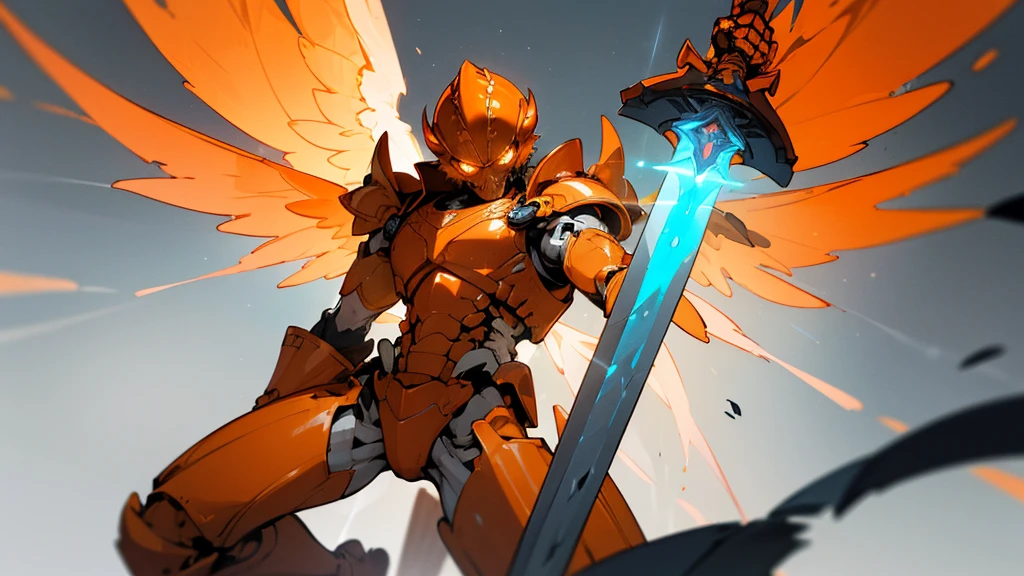 (hailoknight, Solo, 1man wearing orange armor, orange skeleton helmet, glowing blue eyes, orange wings, holding giant blue energy sword infront of him, holding sword:1.3), (simple glowing background:1.25)masterpiece, best quality, wide-angle, Hyperdetailed, masterpiece, best quality, 8k, natural lighting, soft lighting, sunlight, HDR (High Dynamic Range), Maximum Clarity And Sharpness, Multi-Layered Textures, muscular,