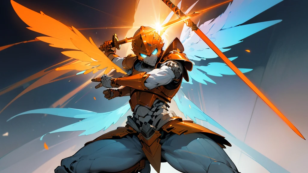 (hailoknight, Solo, 1man wearing orange armor, orange skeleton helmet, glowing blue eyes, orange wings, holding giant blue energy sword infront of him, holding sword:1.3), (simple glowing background:1.25)masterpiece, best quality, wide-angle, Hyperdetailed, masterpiece, best quality, 8k, natural lighting, soft lighting, sunlight, HDR (High Dynamic Range), Maximum Clarity And Sharpness, Multi-Layered Textures, muscular,