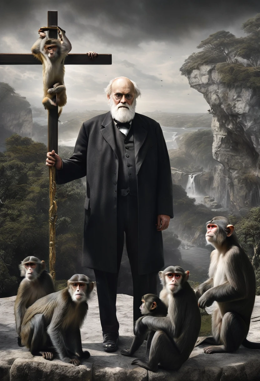 (best quality,4k,highres,masterpiece:1.2),ultra-detailed,(realistic,photorealistic,photo-realistic:1.37),Charles Darwin nailed to cross,monkeys looking on with fascination,portraits,oil painting,religious symbolism,painful expression,intense lighting,scientific discovery,clash of worlds,contrast in cultures,curious primates,divergent beliefs,dark background,deep shadows,sacrifice for knowledge,astonished gaze,striking composition,detailed depiction,emotional impact,captivating scene,stop motion effect,profound concept,masterful execution,monochrome color scheme,alive with meaning,visual storytelling,captured moment,eye-catching image,resolute character,awe-inspiring,history and biology intertwined,ironic juxtaposition,thought-provoking,artistic interpretation,tension in the air,religious iconography,animals as spectators,complex themes,intense focal point,rich texture.