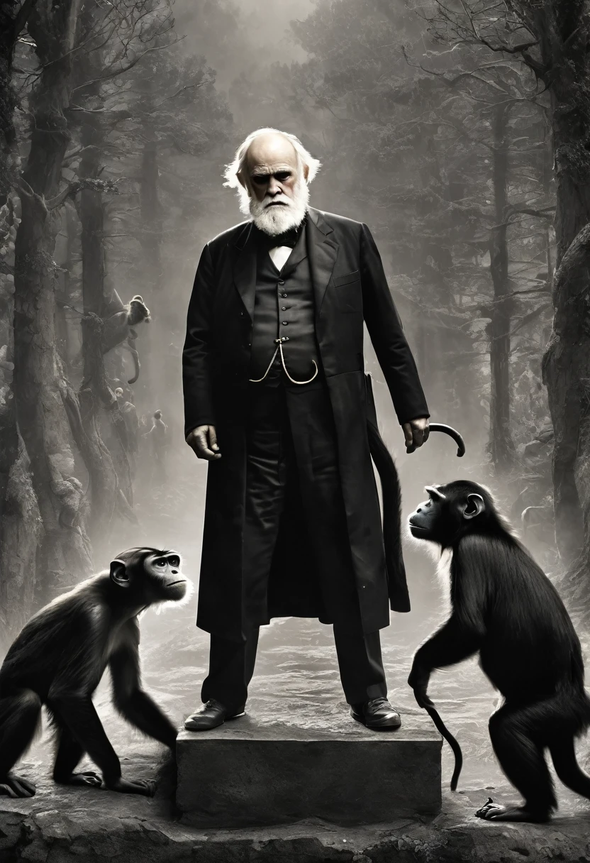 (best quality,4k,highres,masterpiece:1.2),ultra-detailed,(realistic,photorealistic,photo-realistic:1.37),Charles Darwin nailed to cross,monkeys looking on with fascination,portraits,oil painting,religious symbolism,painful expression,intense lighting,scientific discovery,clash of worlds,contrast in cultures,curious primates,divergent beliefs,dark background,deep shadows,sacrifice for knowledge,astonished gaze,striking composition,detailed depiction,emotional impact,captivating scene,stop motion effect,profound concept,masterful execution,monochrome color scheme,alive with meaning,visual storytelling,captured moment,eye-catching image,resolute character,awe-inspiring,history and biology intertwined,ironic juxtaposition,thought-provoking,artistic interpretation,tension in the air,religious iconography,animals as spectators,complex themes,intense focal point,rich texture.