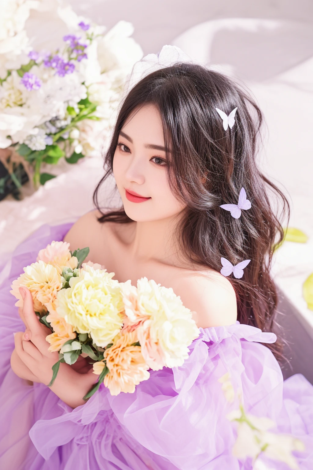 there is a woman in a purple dress holding a bouquet of flowers, with flowers, sakimichan, photo taken with nikon d750, photo taken with nikon d 7 5 0, beutifull, taken with canon eos 5 d mark iv, cake, Ghost Festival, Yoshitomo Nara
