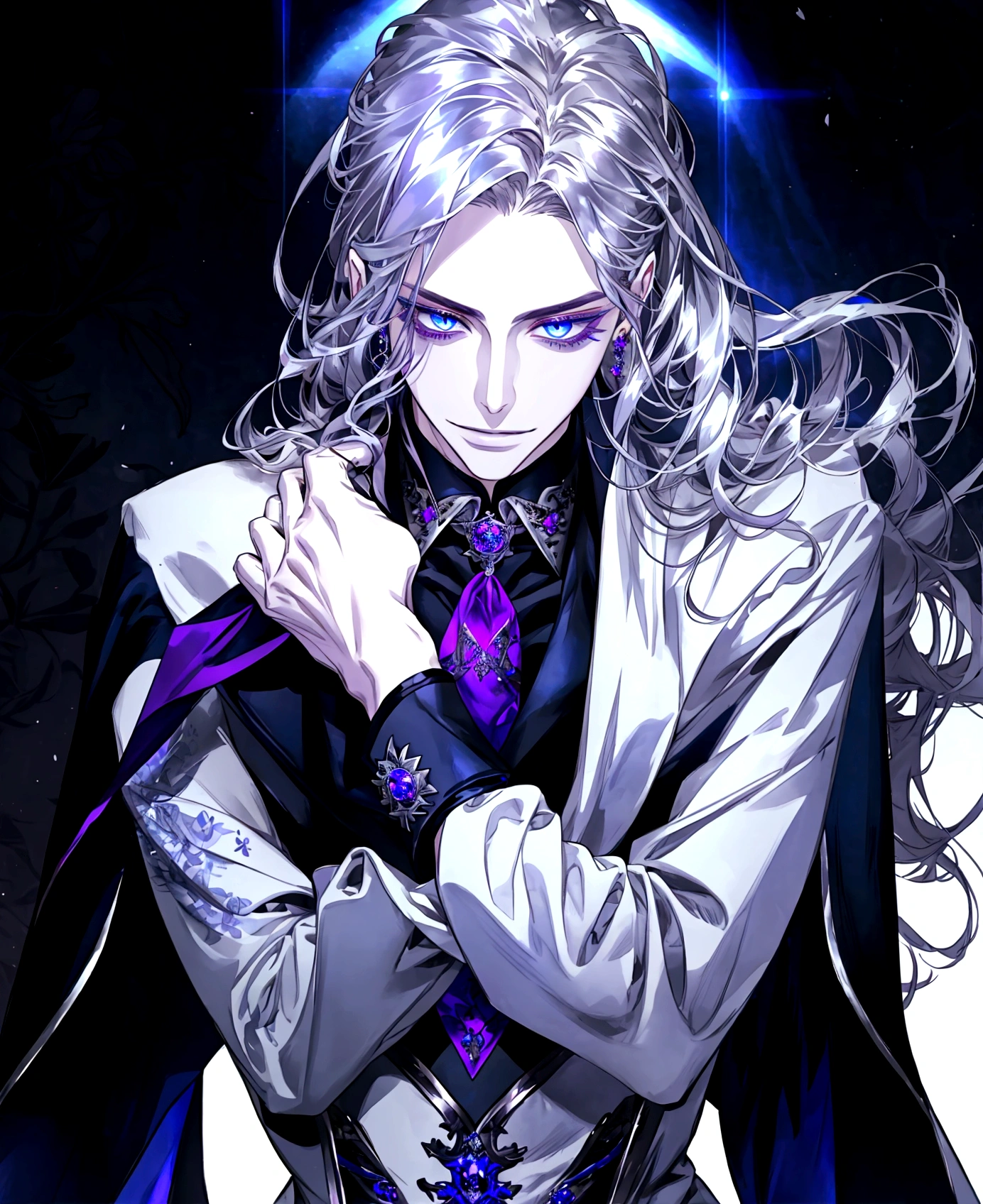 Feminine guy, beautiful facial features, smile, squinted siren dark blue eyes without glare, silver and dark purple long hair with straight bang, fantasy black fit suit with blue and purple elements, long black gloves, model, gorgeous, elegant, lots of silver jewelry, flowers in his hair, skinny body