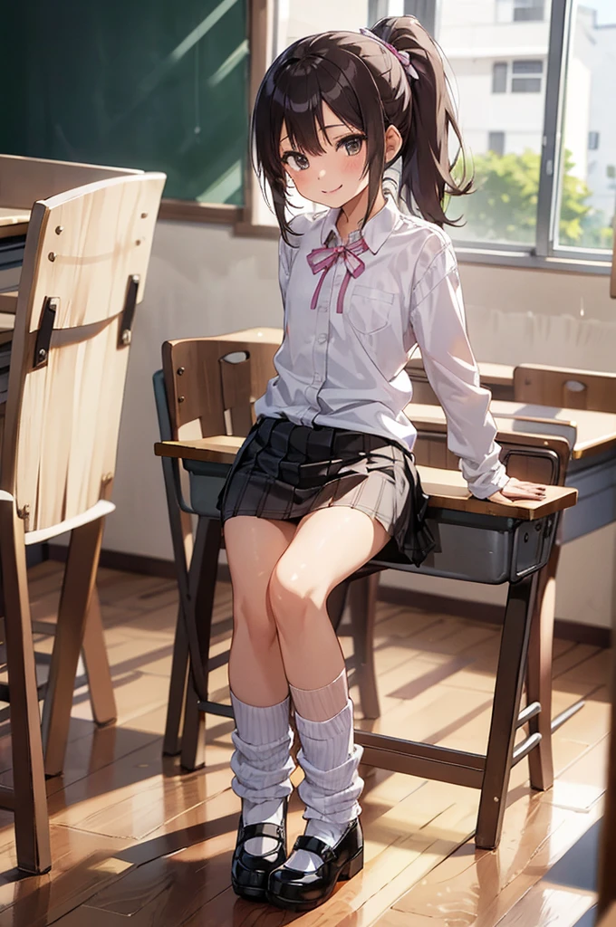 1girl,pink shirts,neck ribbon loose socks,Mary Jane shoes,miniskirt,classroom,10yo,flat chest,smile,(gyaru),ponytail