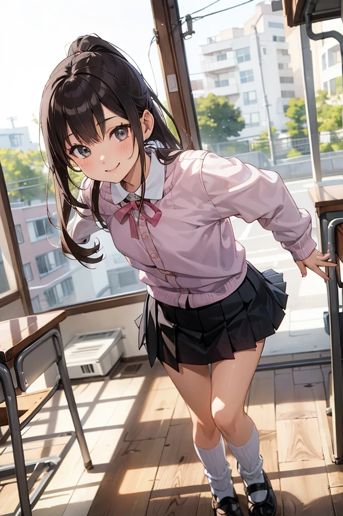 1girl,pink shirts,neck ribbon loose socks,Mary Jane shoes,miniskirt,classroom,yo,flat chest,smile,(gyaru),ponytail