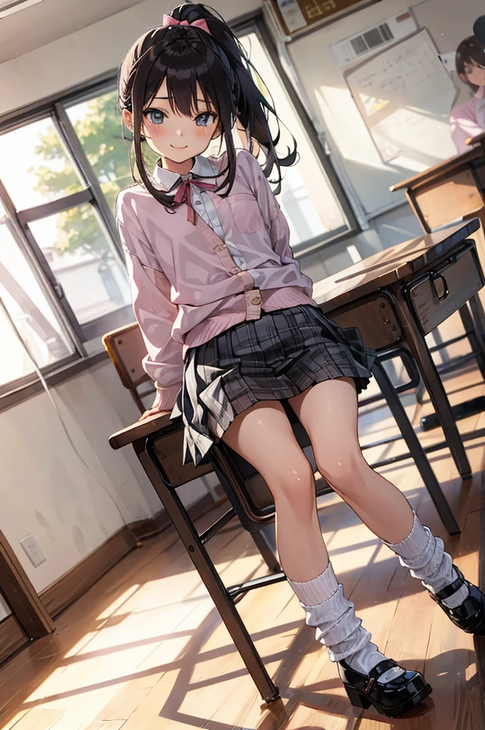 1girl,pink shirts,neck ribbon loose socks,Mary Jane shoes,miniskirt,classroom,****,flat chest,smile,(gyaru),ponytail