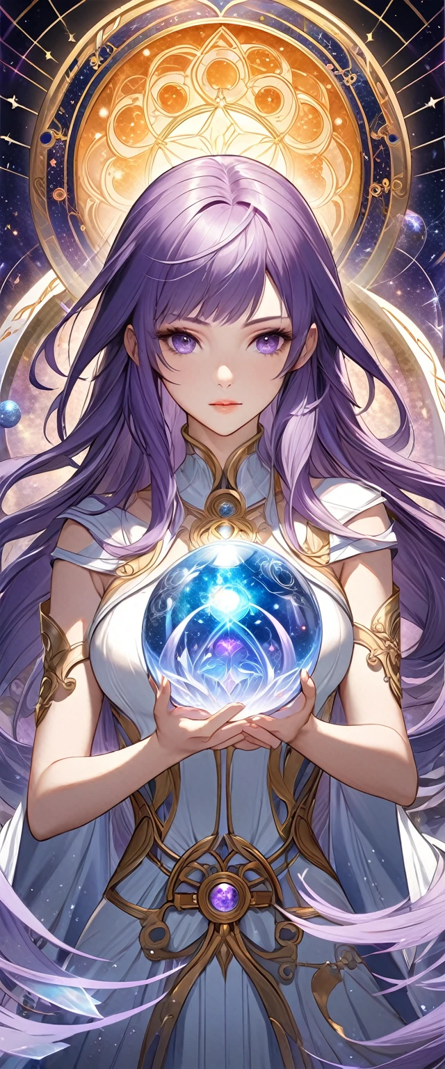 A woman with long silver-white and purple hair in a dress is holding a crystal ball and an astrology device, Mysterious runes magic circle background.digital art by Cynthia Sheppard, PIXIV, fantasy art, Beautiful celestial mage, anime fantasy artwork, Goddess of Heaven, Anime art nouveau universe display, Time Goddess, Anime Fantasy Illustrations, Detailed key animation art, Beautiful fantasy anime, Shadowverse Style, galaxy goddess