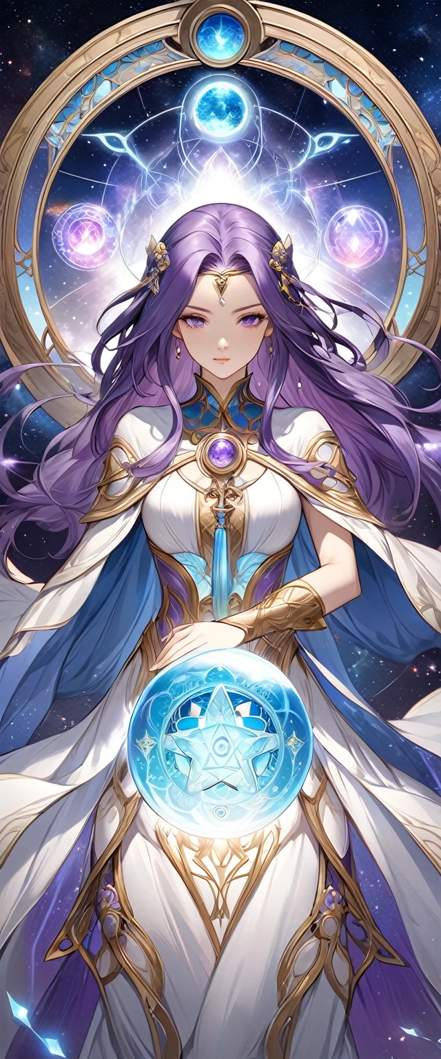 A woman with long silver-white and purple hair in a dress is holding a crystal ball and an astrology device, Mysterious runes magic circle background.digital art by Cynthia Sheppard, PIXIV, fantasy art, Beautiful celestial mage, anime fantasy artwork, Goddess of Heaven, Anime art nouveau universe display, Time Goddess, Anime Fantasy Illustrations, Detailed key animation art, Beautiful fantasy anime, Shadowverse Style, galaxy goddess