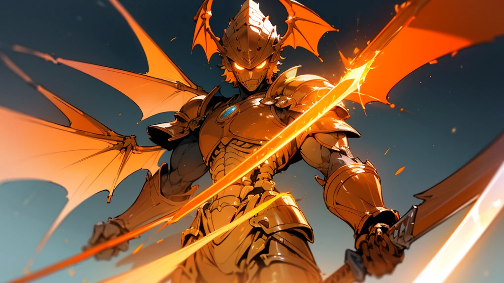 (hailoknight, Solo, 1man wearing orange armor, orange skeleton helmet, glowing blue eyes, orange dragon wings, holding giant blue energy sword infront of him, holding sword:1.3), (simple glowing background:1.25)masterpiece, best quality, wide-angle, Hyperdetailed, masterpiece, best quality, 8k, natural lighting, soft lighting, sunlight, HDR (High Dynamic Range), Maximum Clarity And Sharpness, Multi-Layered Textures, muscular,