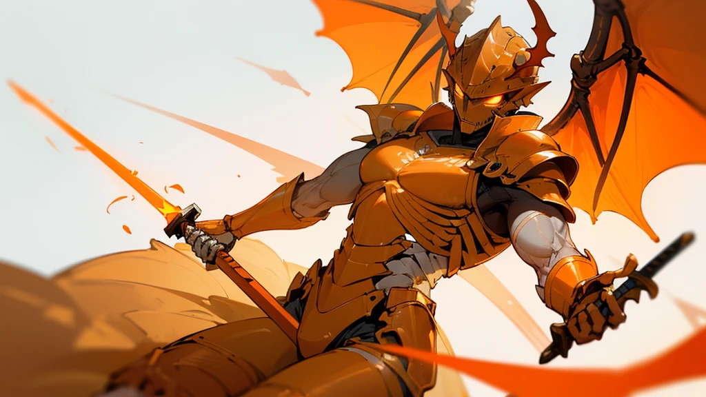 (hailoknight, Solo, 1man wearing orange armor, orange skeleton helmet, glowing blue eyes, orange dragon  wings, holding giant blue energy sword infront of him, holding sword:1.3), (simple glowing background:1.25)masterpiece, best quality, wide-angle, Hyperdetailed, masterpiece, best quality, 8k, natural lighting, soft lighting, sunlight, HDR (High Dynamic Range), Maximum Clarity And Sharpness, Multi-Layered Textures, muscular,