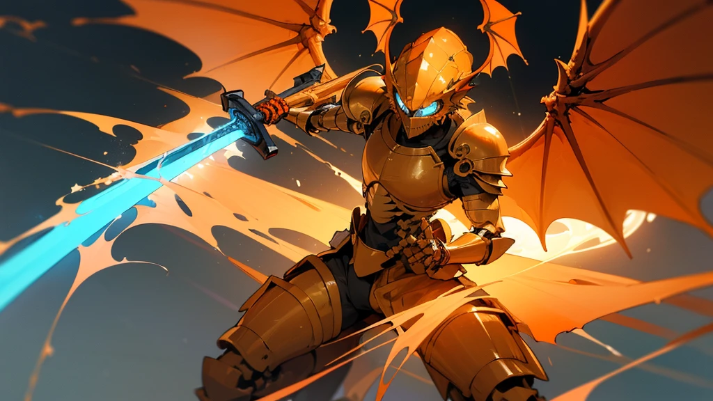 (hailoknight, Solo, 1man wearing orange armor, orange skeleton helmet, glowing blue eyes, orange dragon wings, holding giant blue energy sword infront of him, holding sword:1.3), (simple glowing background:1.25)masterpiece, best quality, wide-angle, Hyperdetailed, masterpiece, best quality, 8k, natural lighting, soft lighting, sunlight, HDR (High Dynamic Range), Maximum Clarity And Sharpness, Multi-Layered Textures, muscular,