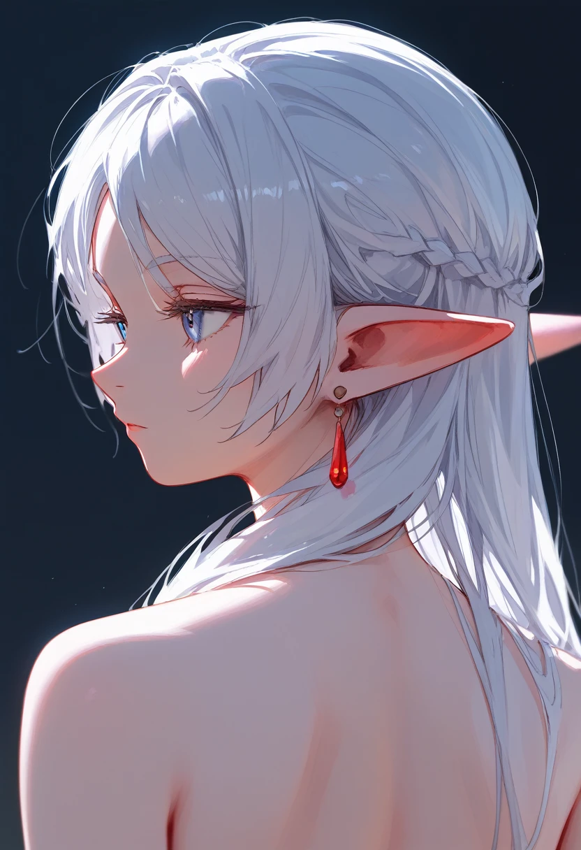 1girl, solo, Frieren, white hair, long hair, pointy ears, from behind, looking away, close-up, bare shoulders, naked, earrings, back view, back covered by hair, arms on sides, upper body, white background, simple background, masterpiece, score_9, score_8_up, score_7_up