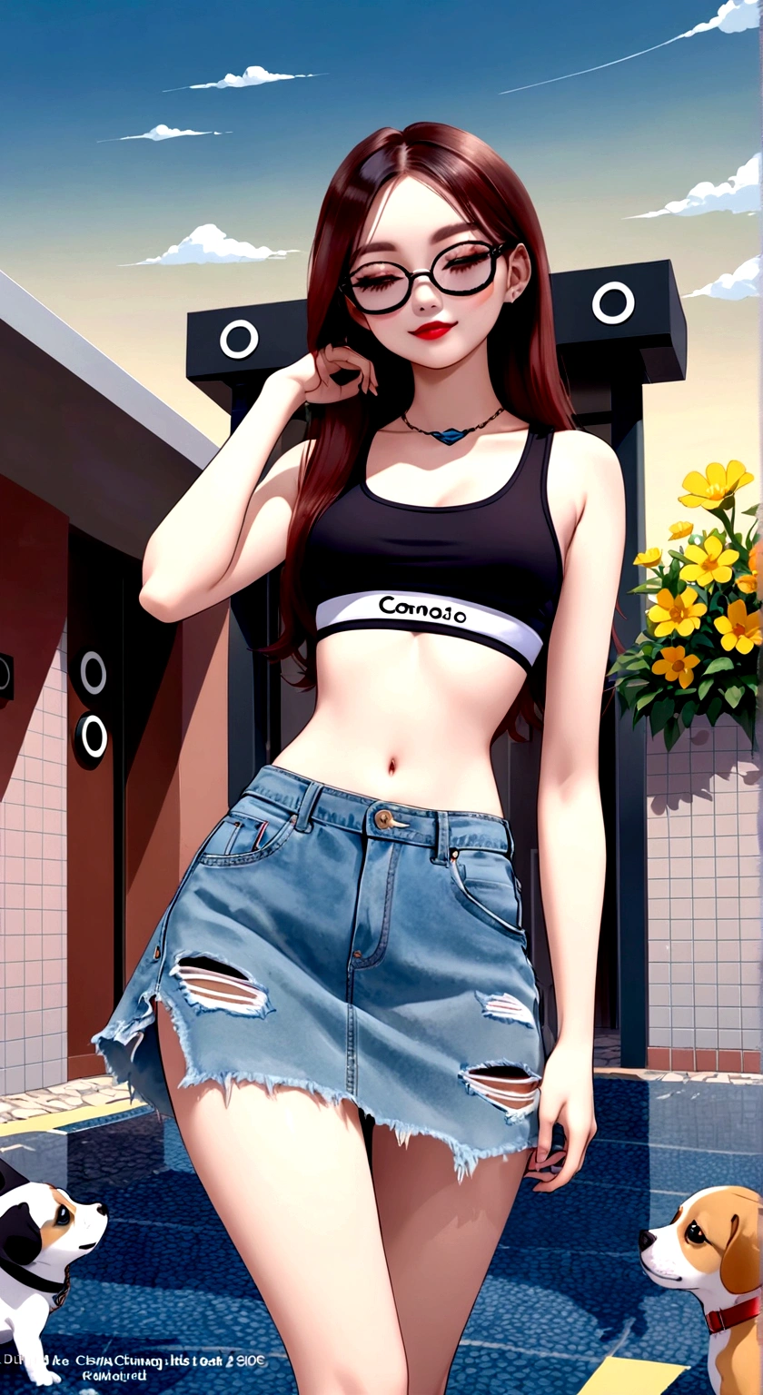 Tip: A very charming  with a backpack and her cute puppy enjoying a lovely spring outing surrounded by beautiful yellow flowers and nature. The illustration is a high-definition illustration in 4k resolution, featuring highly detailed facial features and cartoon-style visuals. She wearing crop top and denim skirt. 