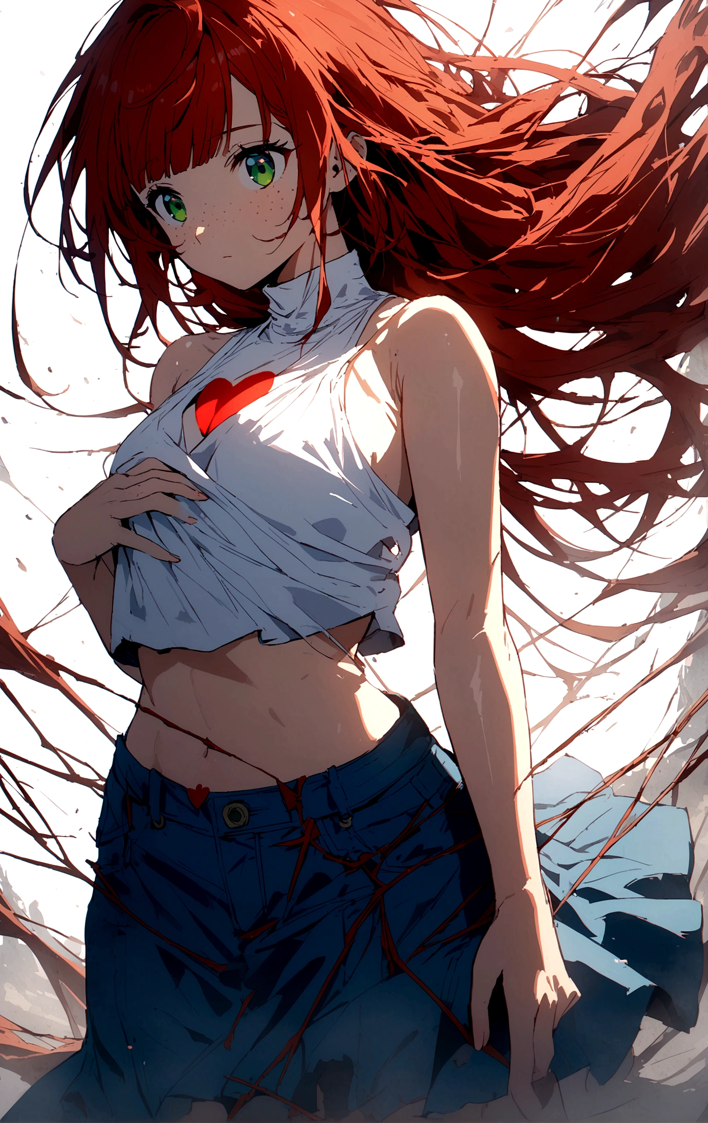 character, anime girl, white with freckles on the body. green eyes. Long-haired redhead with bangs. A high-neck crop top covering the entire chest, white tank top with a red heart in the center. Blue denim miniskirt with loose threads. whole body. White background.