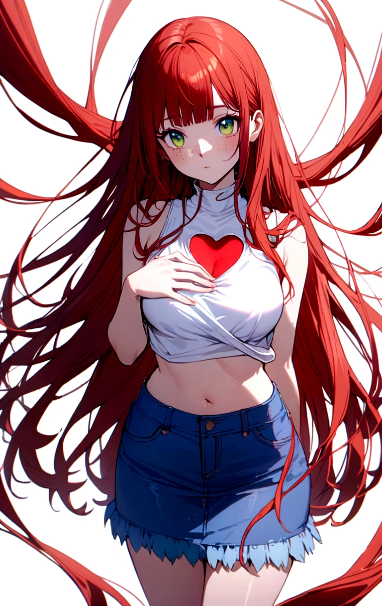 character, anime girl, white with freckles on the body. green eyes. Long-haired redhead with bangs. A high-neck crop top covering the entire chest, white tank top with a red heart in the center. Blue denim miniskirt with loose threads. whole body. White background.