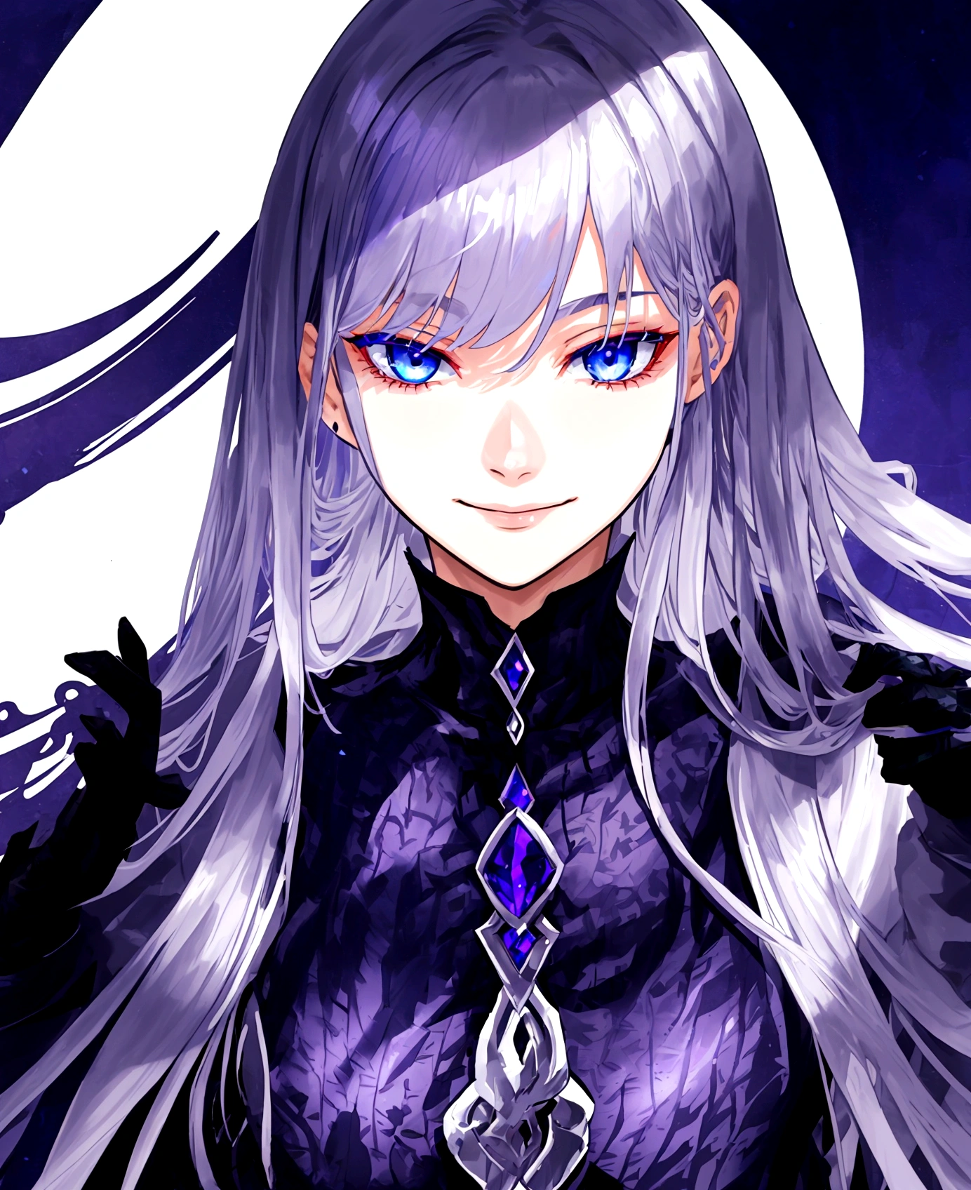 Guy, beautiful facial features, smile, squinted siren dark blue eyes without glare, silver and dark purple long hair with straight bang, fantasy black fit suit with blue and purple elements, long black gloves, model, gorgeous, elegant, lots of silver jewelry, flowers in his hair, skinny body