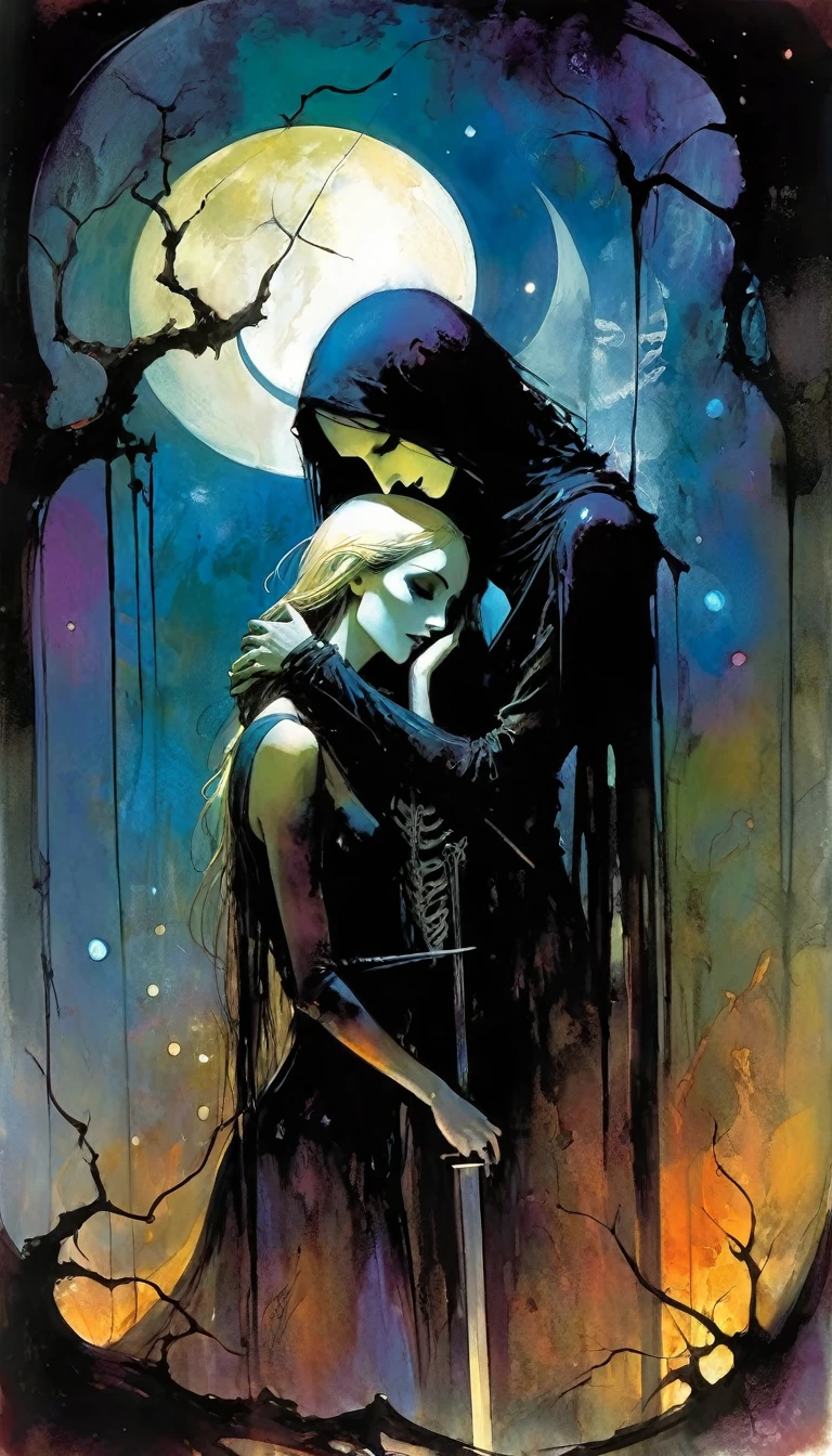 love and death, magic, dark, fantasy, night, inspired by Bill Sienkiewicz
