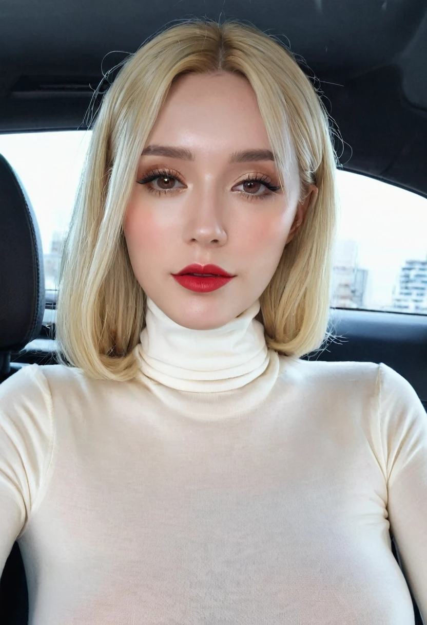 pure ruby, a woman wearing a turtleneck shirt, Blonde, female implants, ikuminacion with skin transpirsda selfie in car