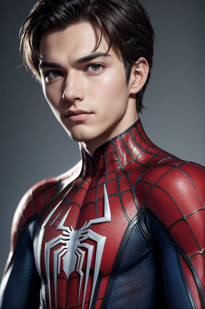 A photograph of spider man, no mask, 20 yo, handsome, detailed face, looking at camera, portrait, 8k uhd, high quality