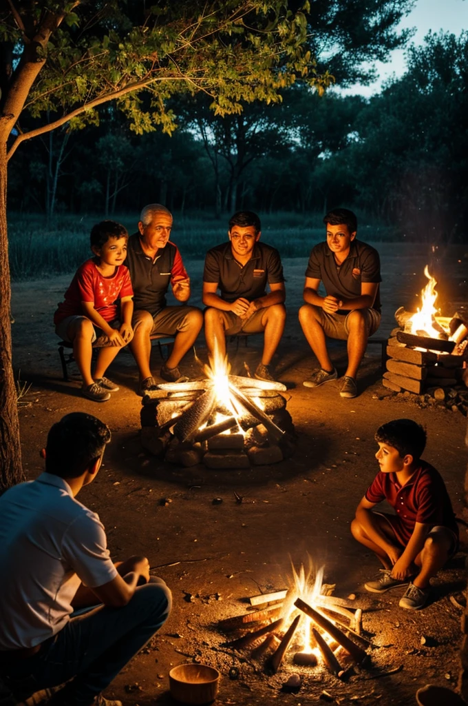 A Casmeño family around a campfire, grandfather telling a story to his grandchildren