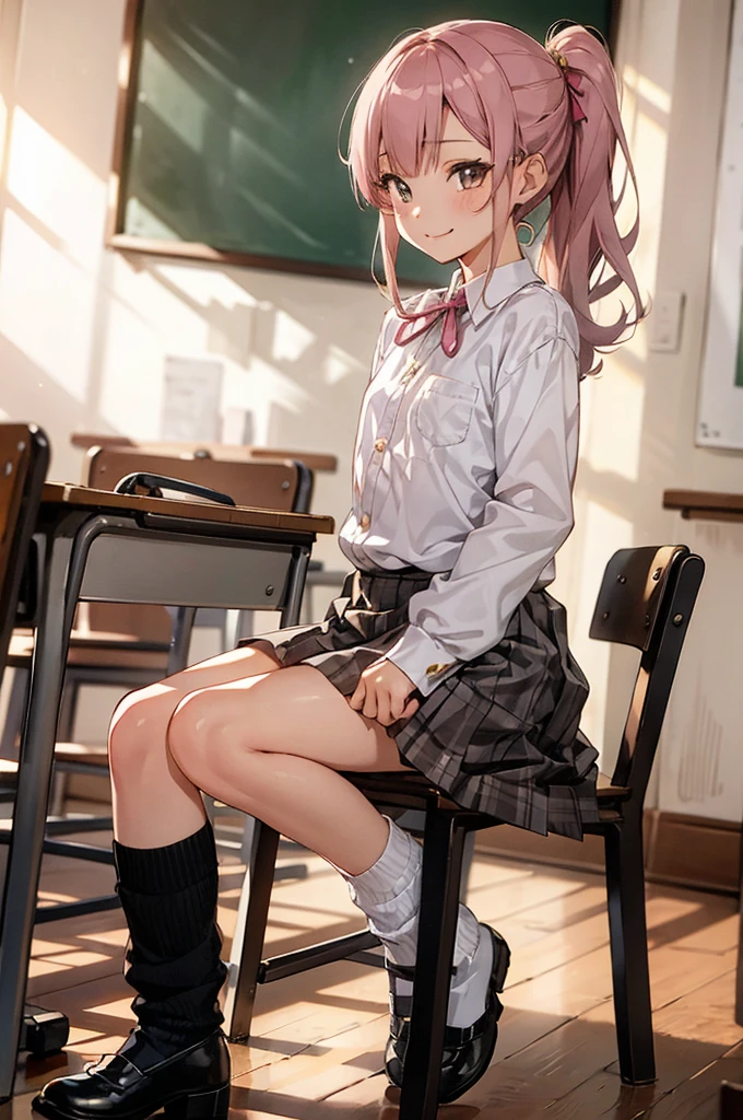 1girl,pink shirts,neck ribbon loose socks,Mary Jane shoes,miniskirt,classroom,****,flat chest,smile,(((gyaru))),ponytail