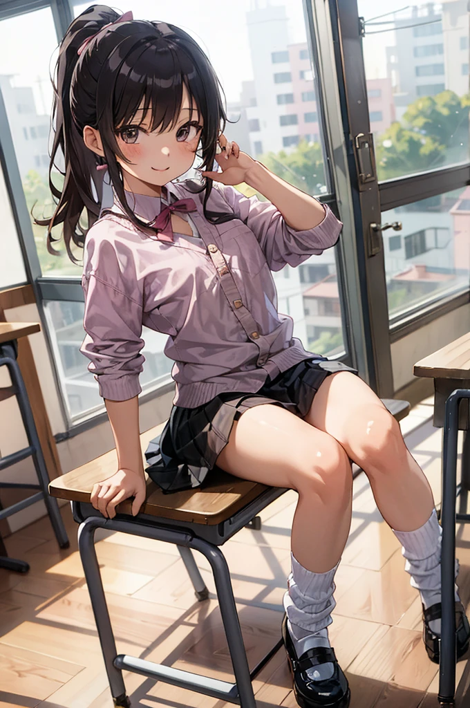 1girl,pink shirts,neck ribbon loose socks,Mary Jane shoes,miniskirt,classroom,yo,flat chest,smile,(((gyaru))),ponytail