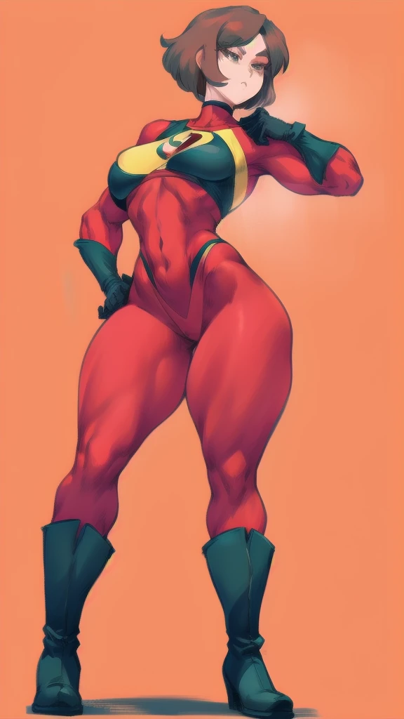 Full body image of Mrs. Incredible (Helen Parr) from The Incredibles, full body in image, wearing her original superhero outfit (red and black suit with the Incredibles logo, black gloves, and black boots), short brown hair, female body, curvy and athletic body, dynamic pose, detailed pose, simple background, expressive face showing determination, focus on face, line art, sketch