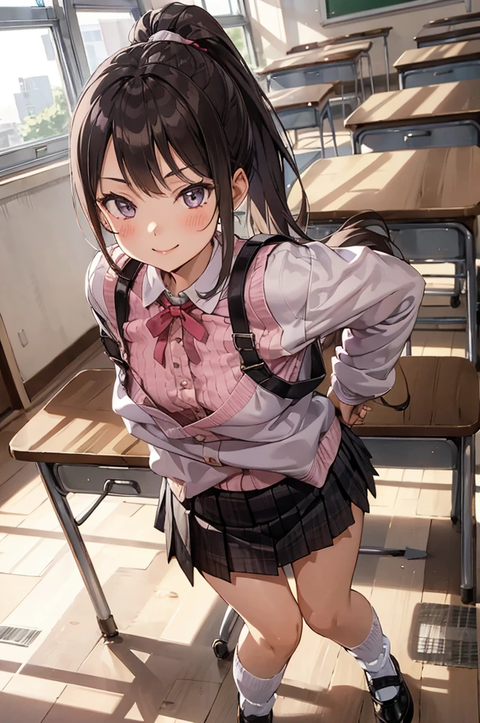 1girl,pink shirts,neck ribbon loose socks,Mary Jane shoes,miniskirt,classroom,****,flat chest,smile,(((gyaru))),ponytail,nsfw