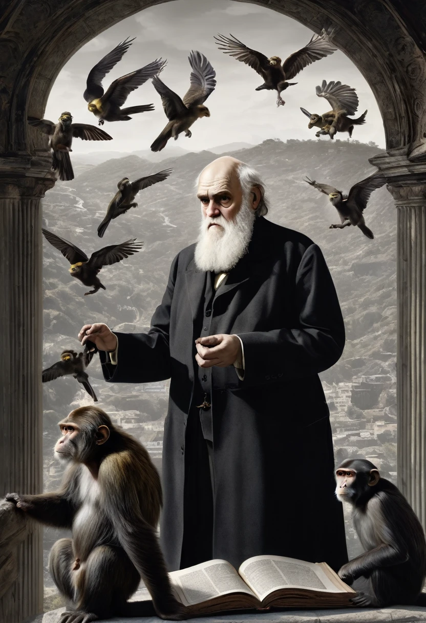 (best quality,4k,highres,masterpiece:1.2),ultra-detailed,(realistic,photorealistic,photo-realistic:1.37),Charles Darwin nailed to cross,monkeys looking on with fascination,portraits,oil painting,religious symbolism,painful expression,intense lighting,scientific discovery,clash of worlds,contrast in cultures,curious primates,divergent beliefs,dark background,deep shadows,sacrifice for knowledge,astonished gaze,striking composition,detailed depiction,emotional impact,captivating scene,stop motion effect,profound concept,masterful execution,monochrome color scheme,alive with meaning,visual storytelling,captured moment,eye-catching image,resolute character,awe-inspiring,history and biology intertwined,ironic juxtaposition,thought-provoking,artistic interpretation,tension in the air,religious iconography,animals as spectators,complex themes,intense focal point,rich texture.