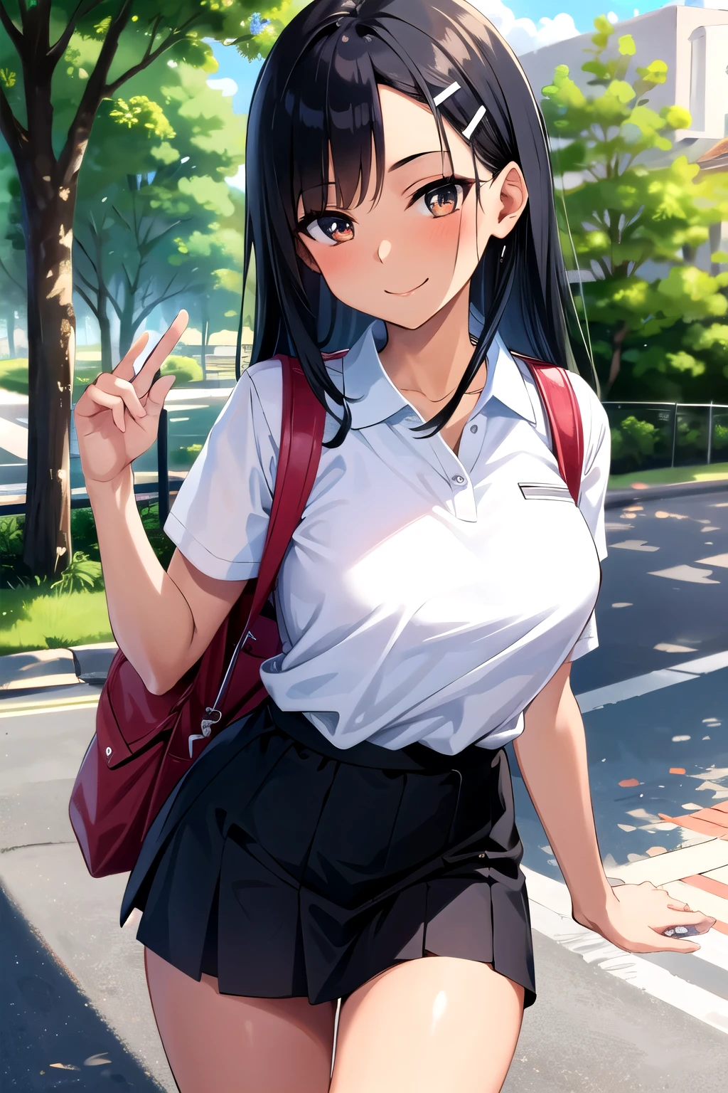 ((best quality)), ((masterpiece)), (details), one girl, sexy ((best quality)), ((masterpiece)), (details), one girl, sexy ((best quality)), ((masterpiece)), (details), one girl, full body, sexy expensive body, expensive, long legs, mature woman, mature, adult, it_nagatoro_main, Hayase Nagatoro, one girl, blushing, alone, uniform polo shirt, short sleeves, black hair, bag, brown eyes, hair accessory, looking at viewer, hair clip, outdoors, backpack, smiling, long hair, dark skinned woman, dark skin, , bangs, daytime, skirt, collared shirt, collarbone, ear clip, mouth closed, tree, asymmetrical bangs, upper body