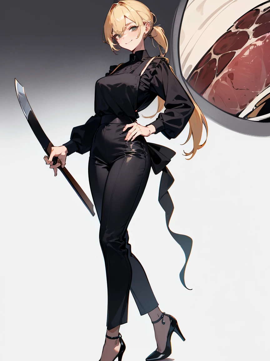 ((UHD, High details, masterpiece)), (character design of a butcher mature woman), (fancy appearance, simple clothing:1.2), blonde pixie with a long ponytail, ((black shirt, velvet slim trousers, high heels)), large leather apron, wielding meat cleaver, (standing tall in welcoming pose with a warm smile)