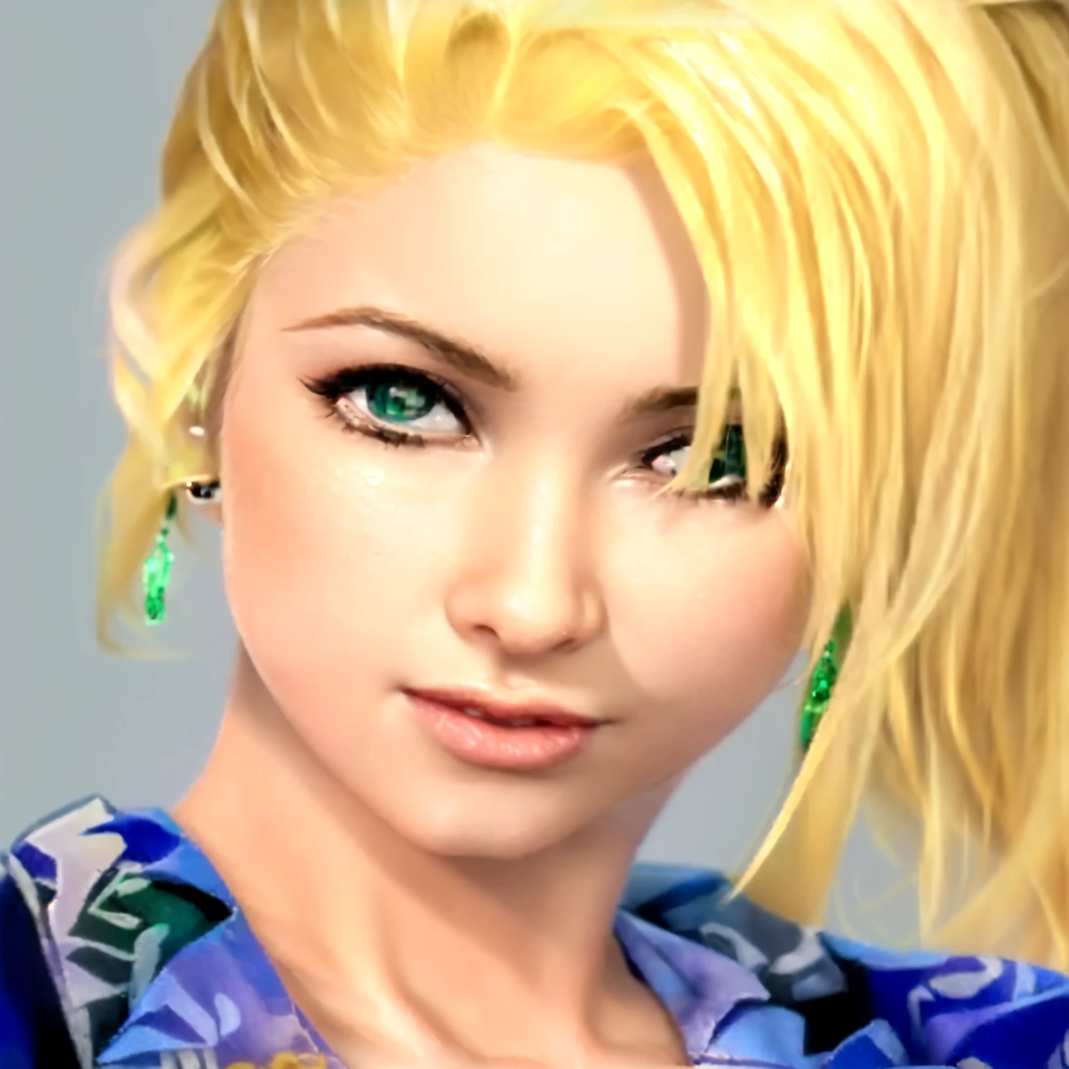 a close up of a blonde girl with a shirt on and right thumb up, she's European, as a character in Out Run 2, of SEGA, 3D CG, Clarissa, 2k, 2 k, emerald green eyes, realistic, render of april, fighting game character, nina from tekken, shirt has some hawaiaan motif on it, she has  jade drop earrings 