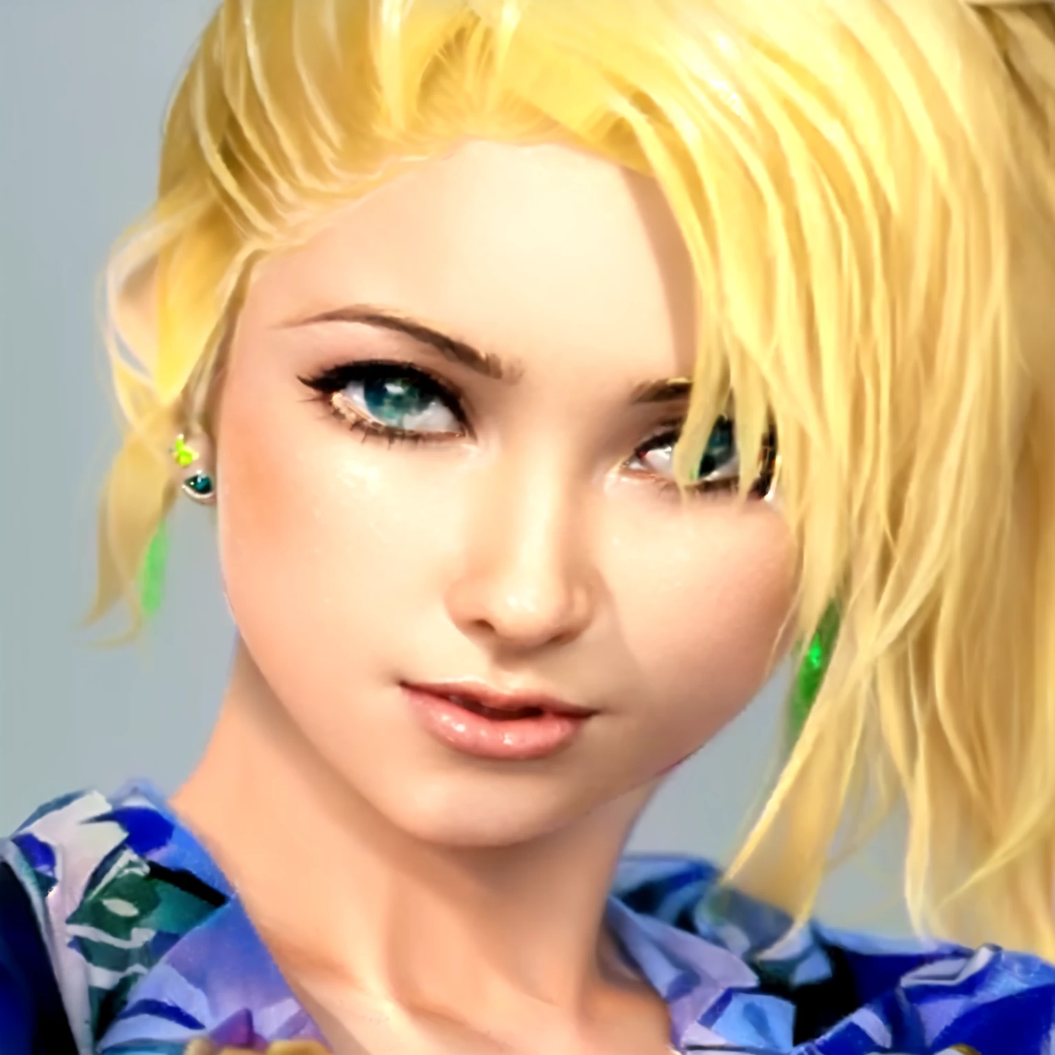 a close up of a blonde girl with a shirt on and right thumb up, she's European, as a character in Out Run 2, of SEGA, 3D CG, Clarissa, 2k, 2 k, emerald green eyes, realistic, render of april, fighting game character, nina from tekken, shirt has some hawaiaan motif on it, she has  jade drop earrings 