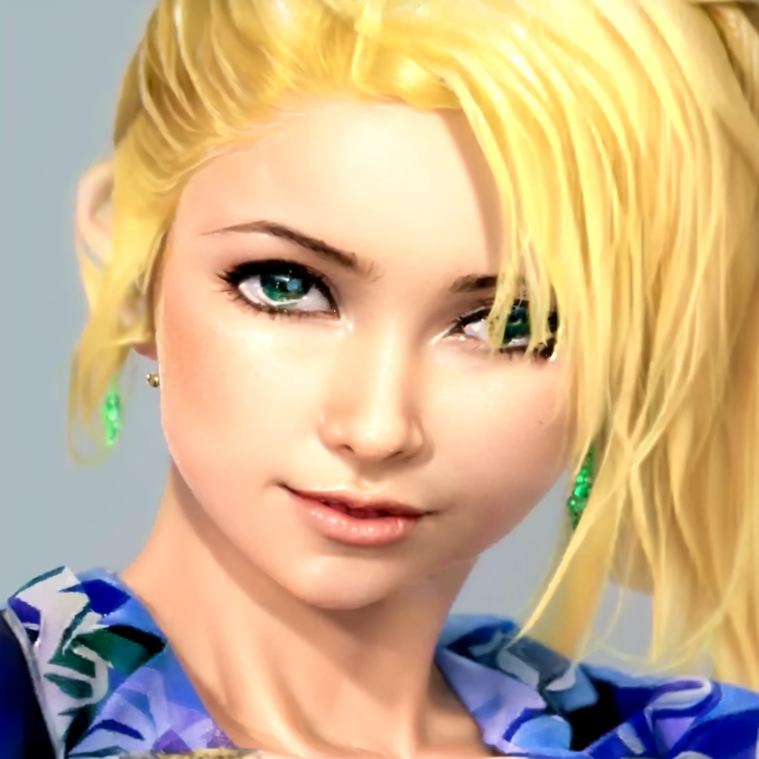 a close up of a blonde girl with a shirt on and right thumb up, she's European, as a character in Out Run 2, of SEGA, 3D CG, Clarissa, 2k, 2 k, emerald green eyes, realistic, render of april, fighting game character, nina from tekken, shirt has some hawaiaan motif on it, she has  jade drop earrings 