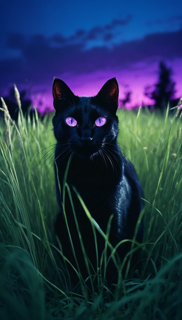 analog photo with a wide-angle lens of a black cat with surreal eyes, hiding in dark grass by night, its silhouette illuminated in the style of purple lights from behind. open field in background and a deep blue sky, mysterious and tense atmosphere --ar 5:6 --p