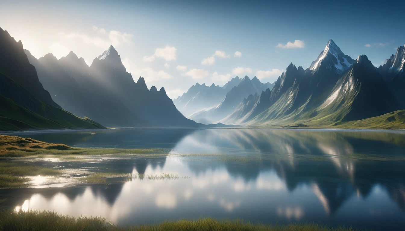 Hyper-realistic cinematic photographic patterns, lighting and ultra-detailed image. The Earth should be shown with mountains and plains, while the Seas reflect depth and movement. Detailed, realistic style with a rich, natural color palette. The composition must convey the idea of separation and complementarity. Widescreen image format with 4K resolution.