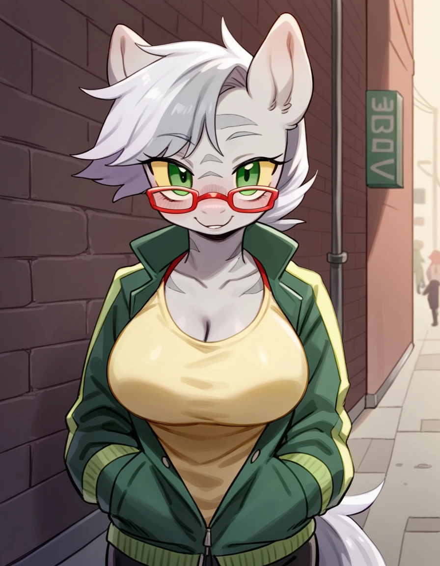 solo, female, ((seductive pose)), ((my little pony)), ((pony)), silver tabby, green eyes with yellow sclera, short dark maroon hair, alleyway, standing, snout, pink nose and pink inner ear, big breasts, ((red glasses)), (((by spuydjeks, by bebebebebe))), ((by spikedmauler)), (((red c-string))), (yellow graphic tee shirt), (green bomber jacket), ((very light grey fur with light grey stripes)),