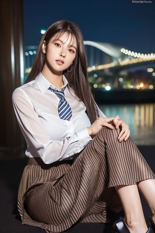 (8K, Highest quality, Ultra-high resolution、masterpiece、Raw photo)、Portrait, Ultra high resolution raw color photos, Professional photos、(Realistic, Real photo),(1 person)、(Delicate face、Detailed face and eyes、High definition eyes、double eyelid、Glossy lips)、Beautiful woman with perfect body、Full body image, Glowing Skin、Dark brown hair、Large Breasts、Sharp long legs、(Happy expression)、(Collared shirt)、(Striped long skirt:1.3)、(silk pantyhose)、High heels、Sitting pose, High-definition skin texture、Night in the background、Wind、Starry Sky、moon、((Perfect body、Perfect ???????、Anatomically correct))