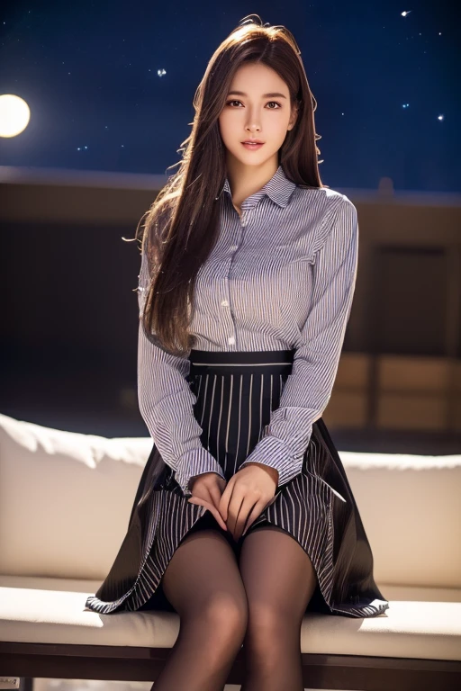 (8K, Highest quality, Ultra-high resolution、masterpiece、Raw photo)、Portrait, Ultra high resolution raw color photos, Professional photos、(Realistic, Real photo),(1 person)、(Delicate face、Detailed face and eyes、High definition eyes、double eyelid、Glossy lips)、Beautiful woman with perfect body、Full body image, Glowing Skin、Dark brown hair、Large Breasts、Sharp long legs、(Happy expression)、(Collared shirt)、(Striped long skirt:1.3)、(silk pantyhose)、High heels、Sitting pose, High-definition skin texture、Night in the background、Wind、Starry Sky、moon、((Perfect body、Perfect Anatomy、Anatomically correct))