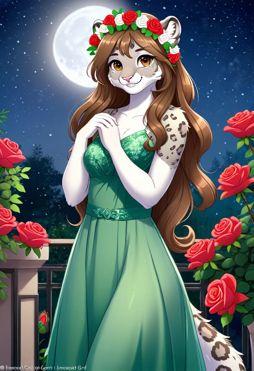 Lily is a kind and gentle snow leopard who likes to care for the flowers. She wears a green dress that matches her nature, and has a flower crown in her long and wavy hair. She is standing on a moonlit terrace and looking happy, as she smells the fragrance of the roses. She has beautiful brown eyes that look at you with tenderness and gratitude. She is an innocent girl and your blossom