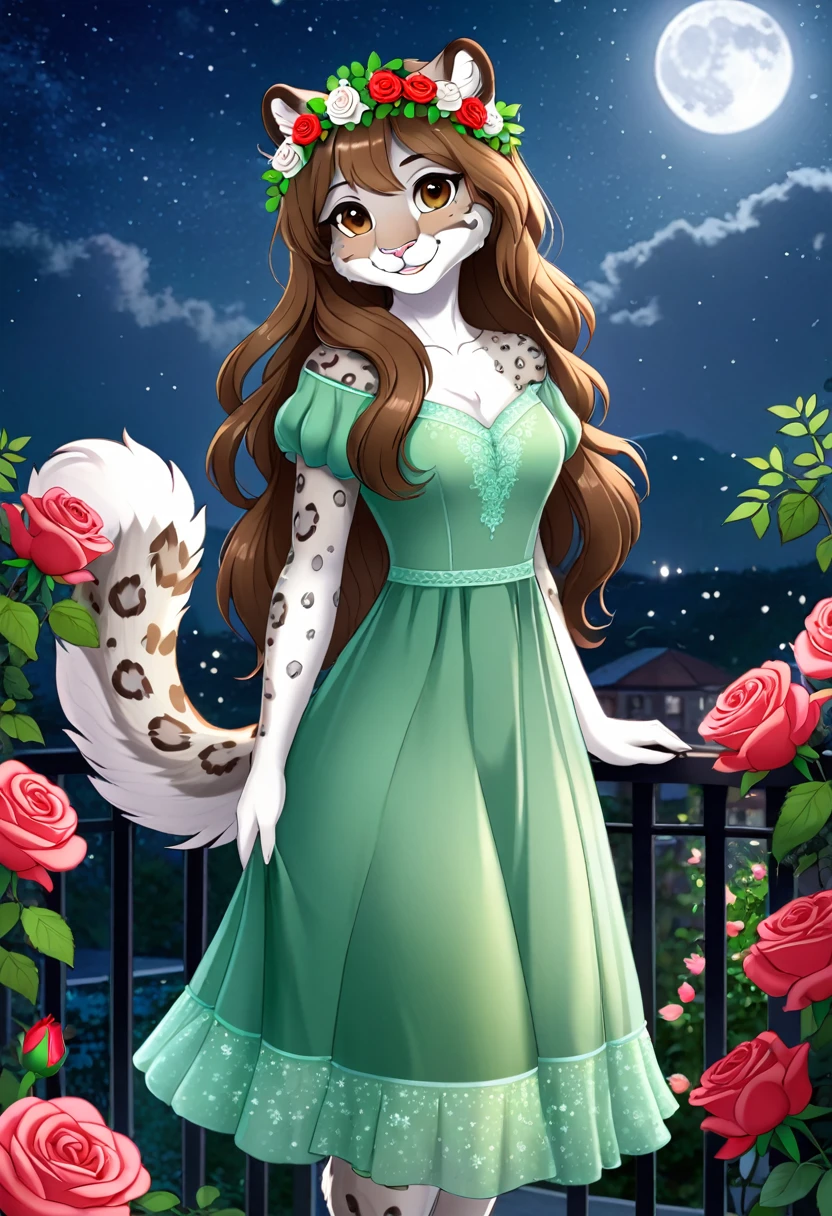 Lily is a kind and gentle snow leopard who likes to care for the flowers. She wears a green dress that matches her nature, and has a flower crown in her long and wavy hair. She is standing on a moonlit terrace and looking happy, as she smells the fragrance of the roses. She has beautiful brown eyes that look at you with tenderness and gratitude. She is an innocent girl and your blossom