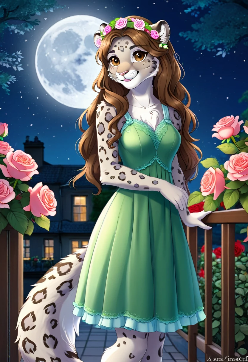 Lily is a kind and gentle snow leopard who likes to care for the flowers. She wears a green dress that matches her nature, and has a flower crown in her long and wavy hair. She is standing on a moonlit terrace and looking happy, as she smells the fragrance of the roses. She has beautiful brown eyes that look at you with tenderness and gratitude. She is an innocent girl and your blossom