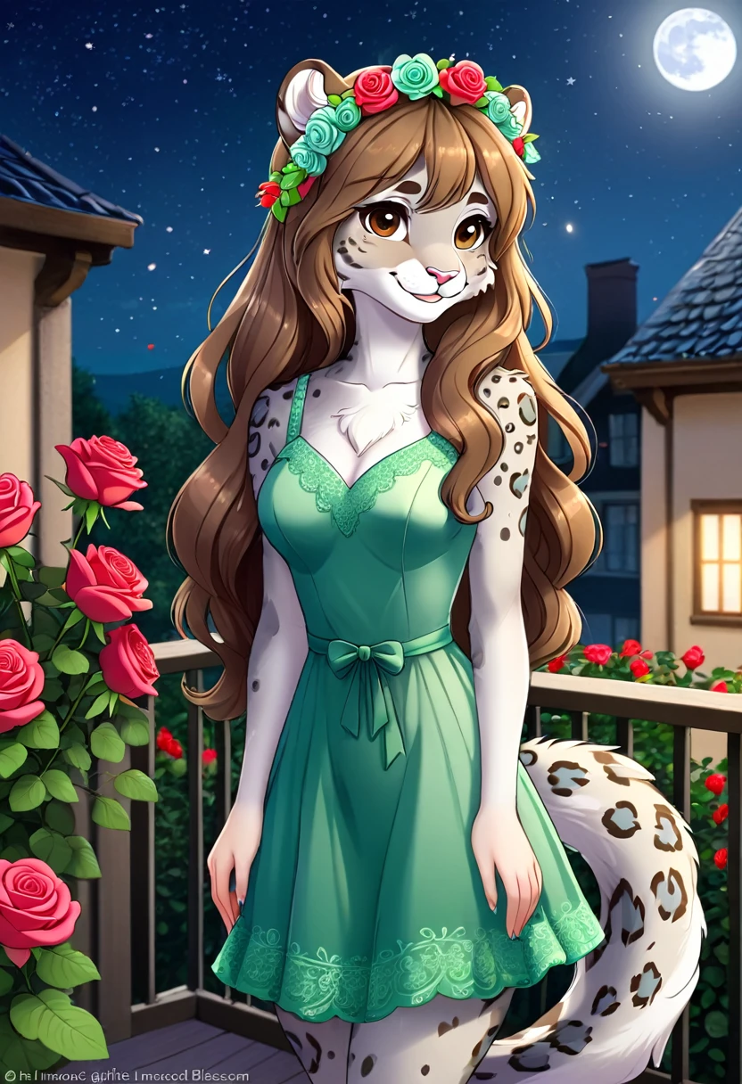Lily is a kind and gentle snow leopard who likes to care for the flowers. She wears a green dress that matches her nature, and has a flower crown in her long and wavy hair. She is standing on a moonlit terrace and looking happy, as she smells the fragrance of the roses. She has beautiful brown eyes that look at you with tenderness and gratitude. She is an innocent girl and your blossom