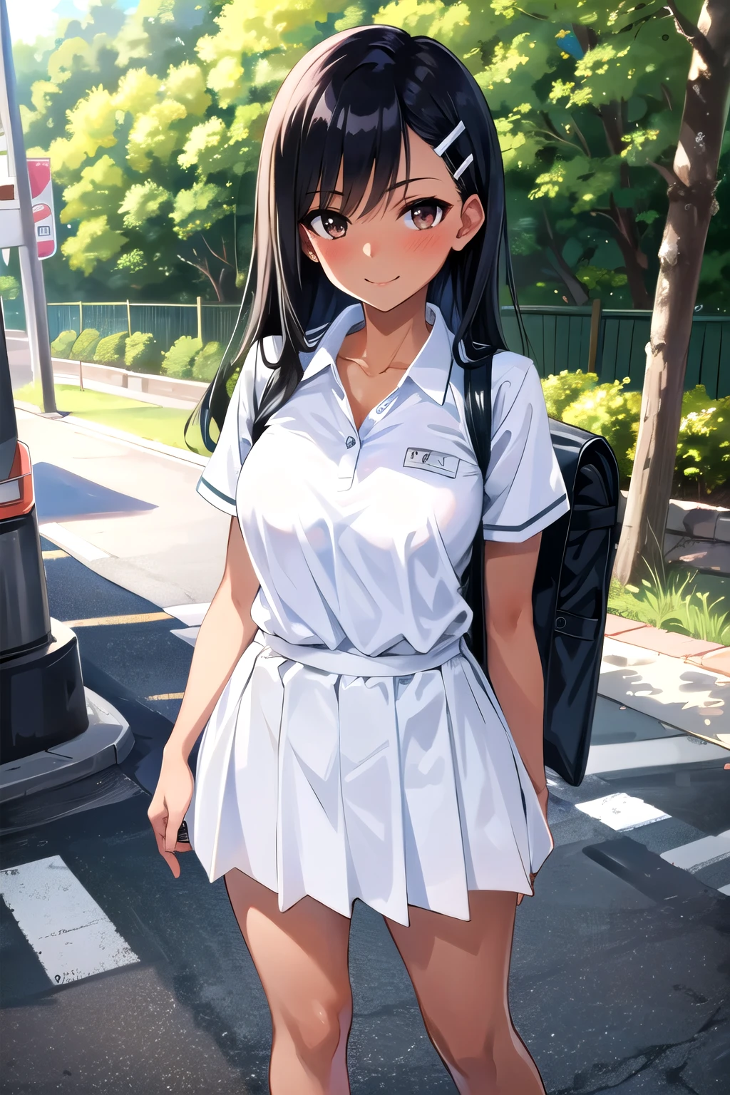 ((best quality)), ((masterpiece)), (details), one girl, sexy ((best quality)), ((masterpiece)), (details), one girl, sexy ((best quality)), ((masterpiece)), (details), one girl, full body, sexy expensive body, expensive, long legs, mature woman, mature, adult, it_nagatoro_main, Hayase Nagatoro, one girl, blushing, alone, uniform polo shirt, short sleeves, black hair, bag, brown eyes, hair accessory, looking at viewer, hair clip, outdoors, backpack, smiling, long hair, dark skinned woman, dark skin, , bangs, daytime, skirt, collared shirt, collarbone, ear clip, mouth closed, tree, asymmetrical bangs, upper body