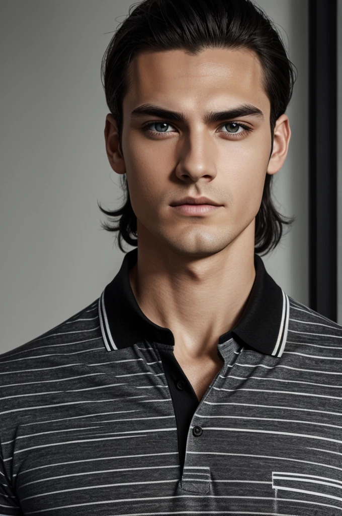 > White skin > open shiny black eyes > > that only the face, neck and hair can be seen, gray polo shirt with black stripes >.