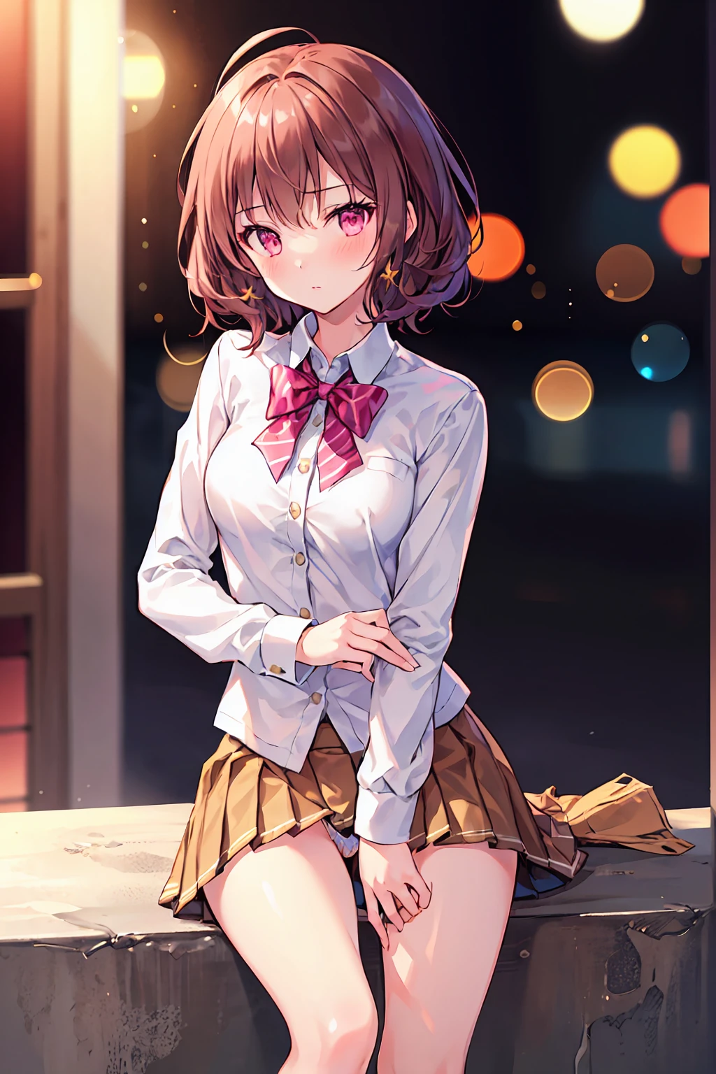 ((One Girl)), (Shortcuts), Brown Hair, Great face and eyes, Pink Eyes, (Amazingly beautiful girl), Brown Hair, (expensive , Pleated mini skirt:1.5), ((Highest quality)), (Very detailed), (High-definition CG synthesis 8K wallpaper), expensively detailed, expensive-definition raw color photos, Professional photography, (((Bokeh))), Written boundary depth, Spread your legs,Small breasts,Very embarrassed,Beautiful legs,Small breasts