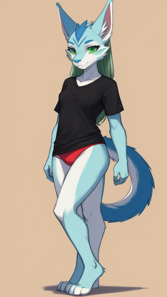 Furry sergle female anthropomorphic white fur green eyes blue nose red tail wearing a black shirt and underwear full body color pencil sketch drawing 