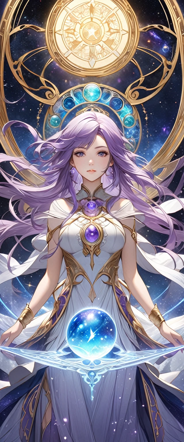 A woman with long silver-white and purple hair in a dress is holding a crystal ball and an astrology device, Mysterious runes magic circle background.digital art by Cynthia Sheppard, PIXIV, fantasy art, Beautiful celestial mage, anime fantasy artwork, Goddess of Heaven, Anime art nouveau universe display, Time Goddess, Anime Fantasy Illustrations, Detailed key animation art, Beautiful fantasy anime, Shadowverse Style, galaxy goddess